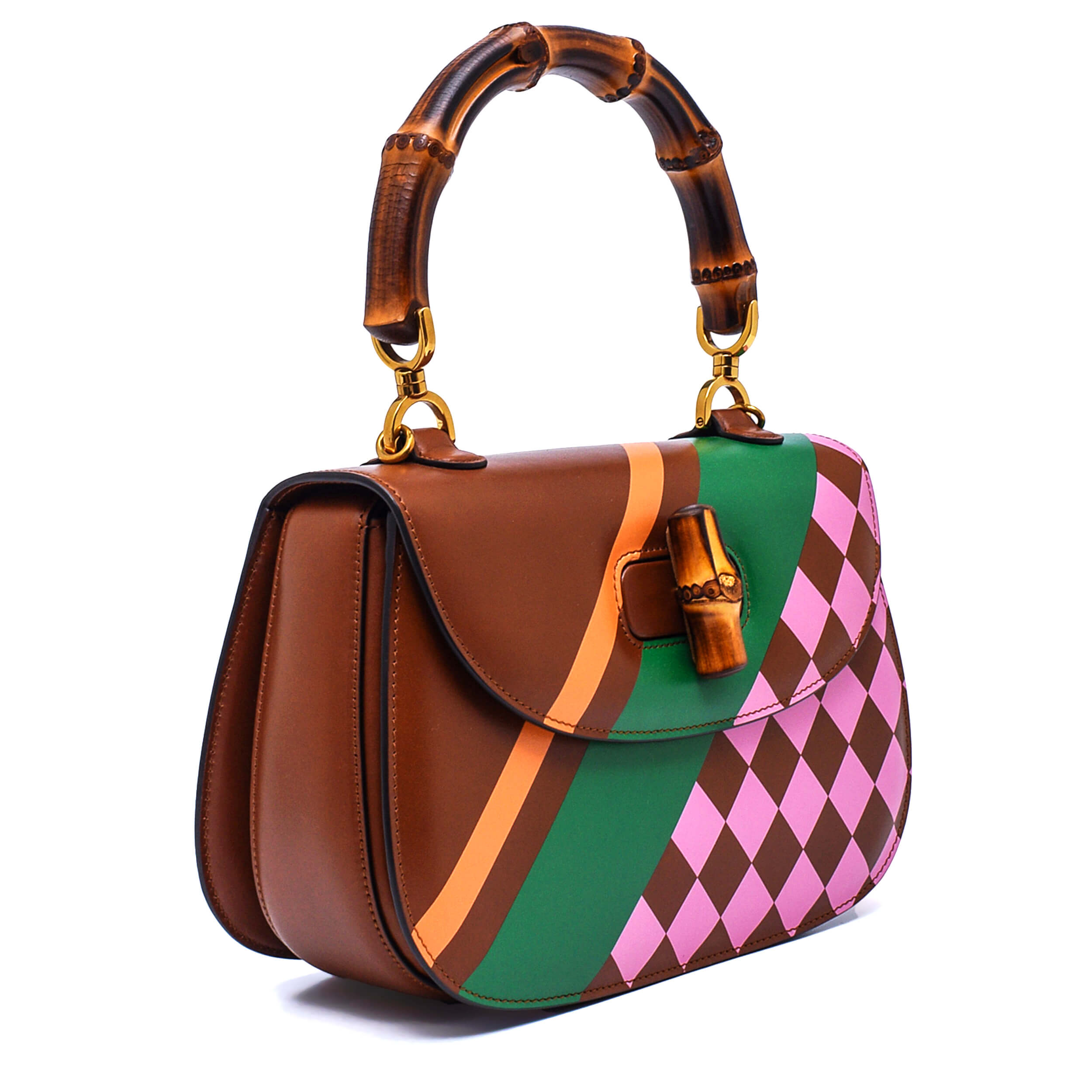 Gucci - Brown Calfskin Geometric Print Medium Bamboo 1947 Top Handle Bag